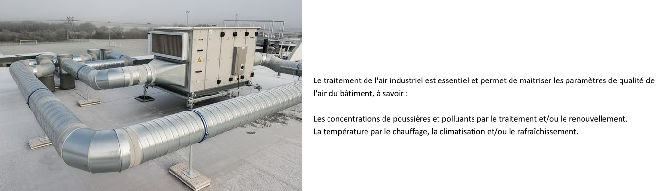Le traitement de l'air industriel est essentiel et permet de maitriser les paramètres de qualité de  l'air du bâtiment, à savoir :   Les concentrations de poussières et polluants par le traitement et/ou le renouvellement.  La température par le chauffage, la climatisation et/ou le rafraîchissement.