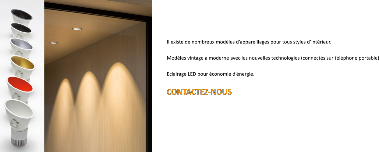 Il existe de nombreux modèles d’appareillages pour tous styles d’intérieur.  Modèles vintage à moderne avec les nouvelles technologies (connectés sur téléphone portable)  Eclairage LED pour économie d’énergie.  CONTACTEZ-NOUS